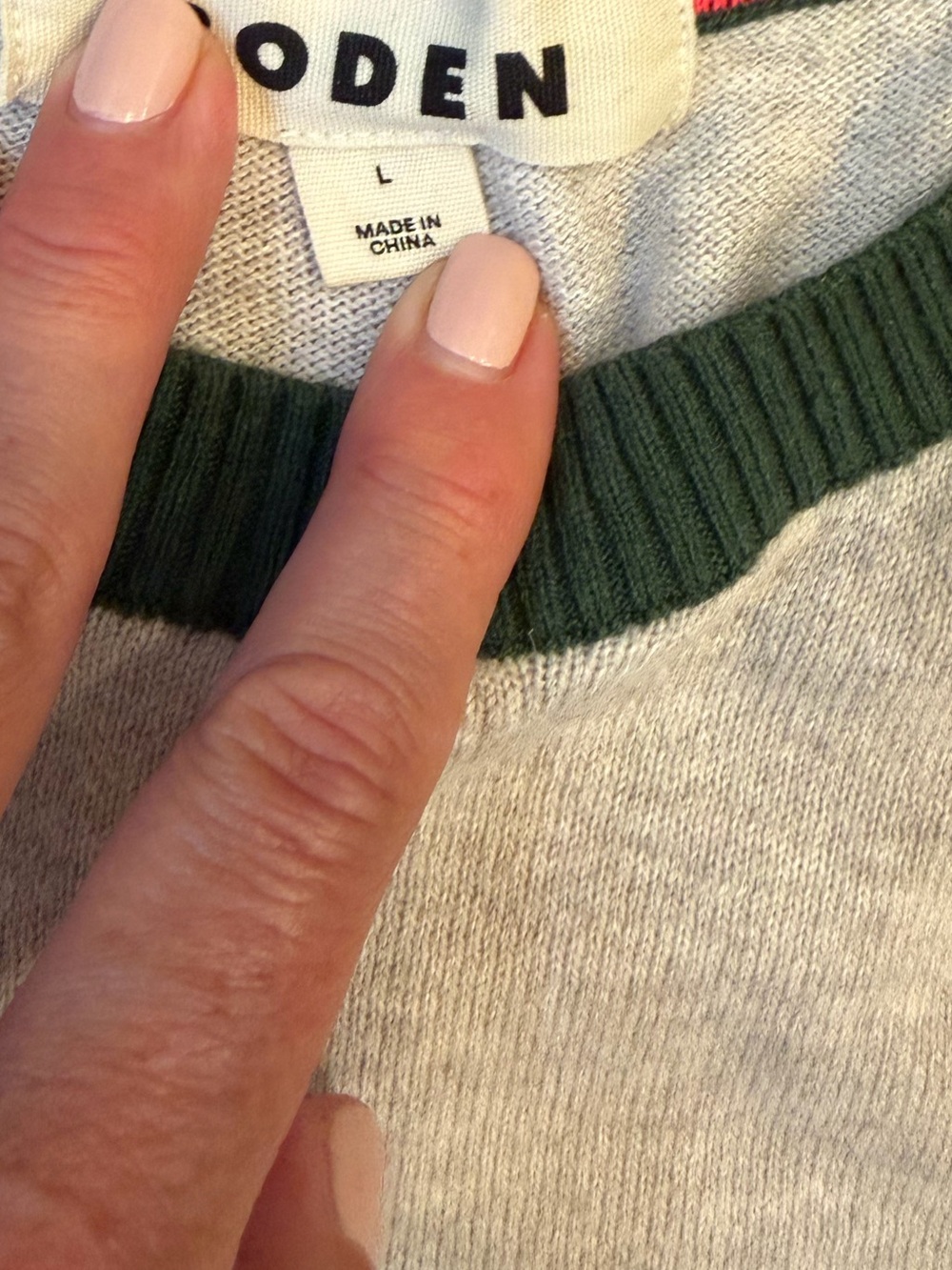 Boden Colorblock Crewneck Sweater in Gray, Navy & Pink with Green Trim Large - Picture 4 of 5
